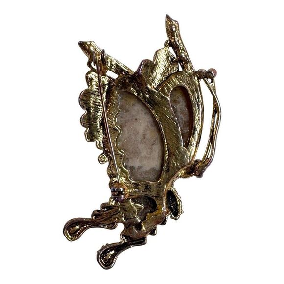 Vintage Butterfly Brooch Celluloid Swirl Slag Formed Rhinestones & Brown Finish - Picture 2 of 3